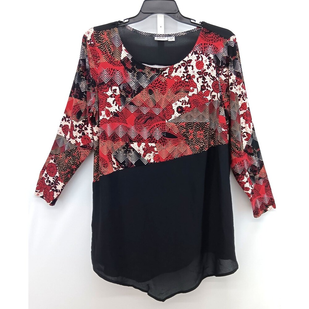Avenue Blouse Womens Size 14 Black Red Geometric Floral Round Neck Partial Sheer